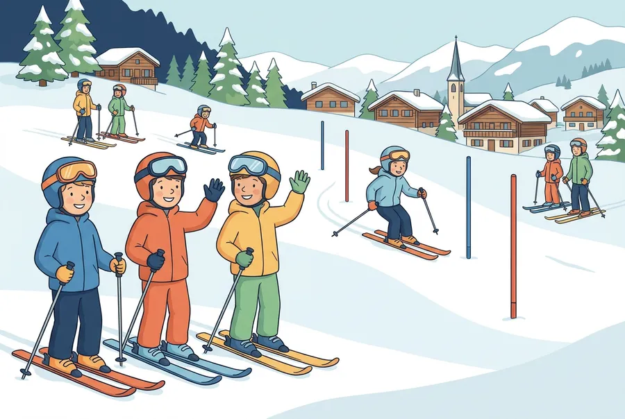 Drei Kinder auf Ski winken fröhlich am Hang, dahinter fährt ein Kind zwischen Slalomstangen hinunter, im Hintergrund ein verschneites Bergdorf.