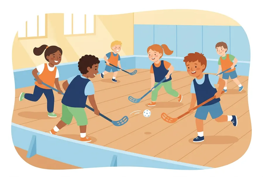 Kinder spielen in einer Turnhalle Unihockey, zwei Teams in verschiedenfarbigen Leibchen.