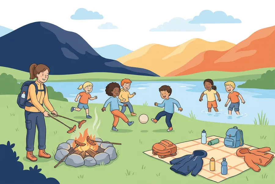 Eine Schulklasse macht Rast an einem See: Die Lehrerin grilliert Würste, einige Kinder spielen Fussball, andere waten lachend ins Wasser.