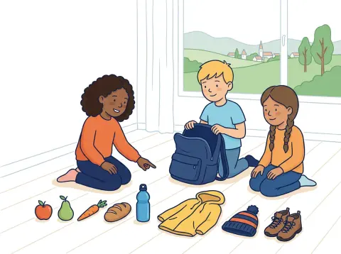 Komma bei Aufzählungen: Drei Kinder knien am Boden und legen für die Schulreise viele Sachen in einer langen Reihe aus: Apfel, Birne, Rüebli, Brötli, Trinkflasche, Regenjacke und Mütze.