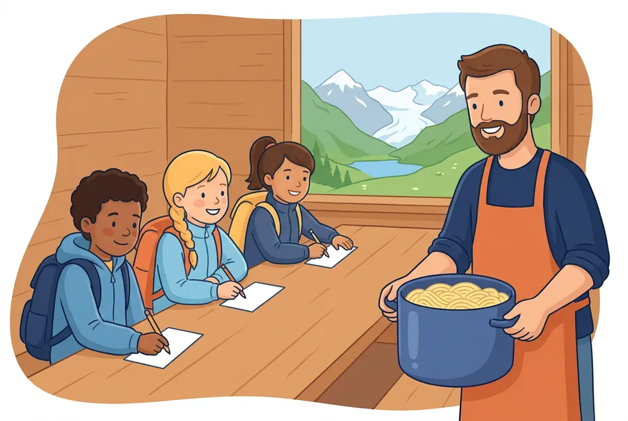 Kinder schreiben in einem Lagerhaus in den Bergen Karten, der Lagerleiter bringt einen Topf mit Teigwaren. Draussen sind ein See und ein Gletscher zu sehen.