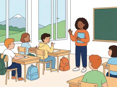 Kommasetzung bei Teilsätzen, Einschüben und Relativsätzen: Ein Mädchen steht mit einem Heft vor der Klasse und hebt kurz die Hand, die anderen Kinder hören zu.