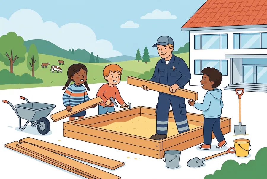 Drei Kinder helfen dem Hauswart, auf dem Pausenplatz einen neuen Holzrahmen für den Sandkasten zu bauen.