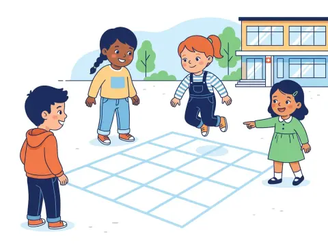 Koordinatensystem: Kinder spielen auf dem Pausenplatz ein Hüpfspiel auf einem grossen, aufgemalten Gitter.