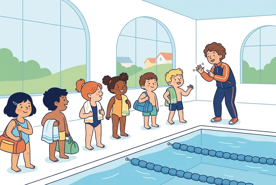 Eine Gruppe Primarschulkinder mit Badetüchern und Taschen steht im Hallenbad am Becken, die Lehrperson winkt ihnen zu.