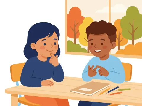 Kopfrechnen und eigene Rechenwege: Zwei Kinder sitzen im Schulzimmer am Tisch und denken nach, eines zählt an den Fingern.