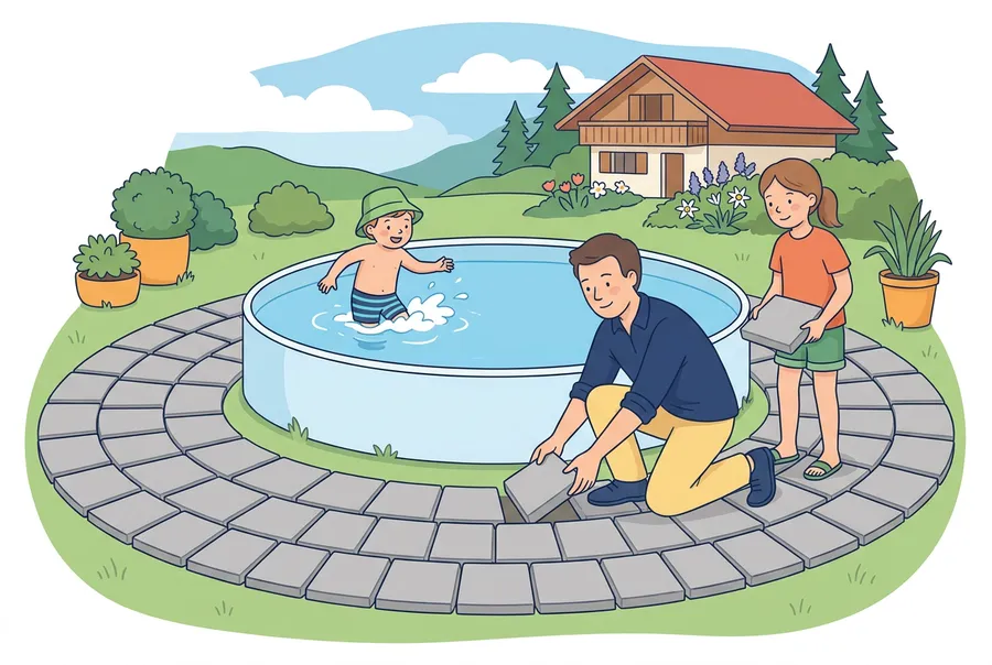 Ein Vater und ein Mädchen legen die letzten Steinplatten eines breiten Wegs, der ringsum ein rundes Planschbecken umschliesst. Im Becken spielt ein kleiner Junge.