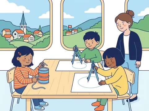 Kreis: Umfang und Fläche: Kinder zeichnen im Schulzimmer mit dem Zirkel Kreise, ein Mädchen legt eine Schnur um eine runde Dose.