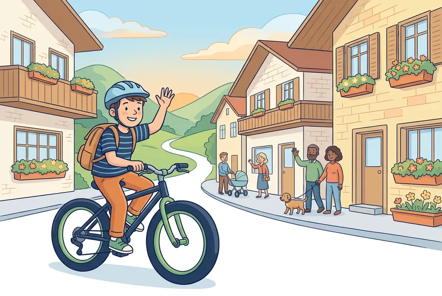 Ein Junge mit Schulrucksack fährt am Morgen mit dem Velo durch eine Dorfstrasse in der Schweiz.