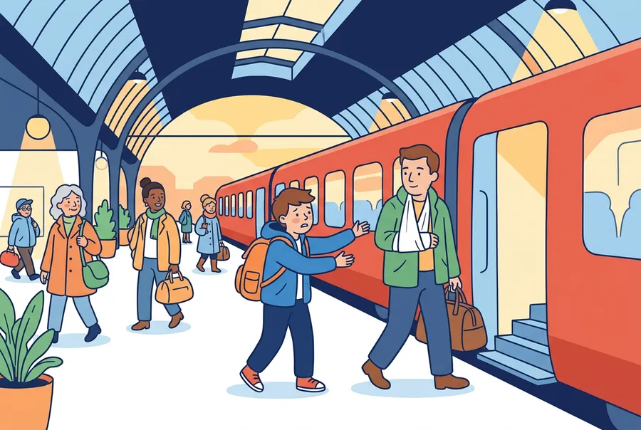 Auf einem Bahnsteig geht ein Jugendlicher auf seinen Vater zu, der den Arm in einer Schlinge trägt und eine Tasche hält.