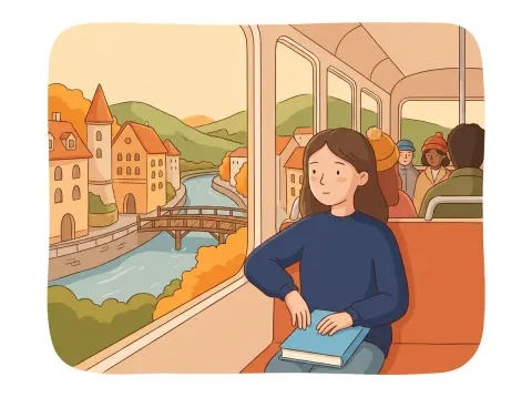 Kurzgeschichten: Eine Jugendliche sitzt am Fenster eines Trams, hält ein dünnes Buch auf dem Schoss und schaut nachdenklich hinaus auf die Stadt.