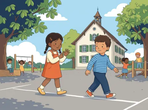 Längen messen und umrechnen: Zwei Kinder messen auf dem Pausenplatz mit grossen Schritten eine Kreidelinie ab.