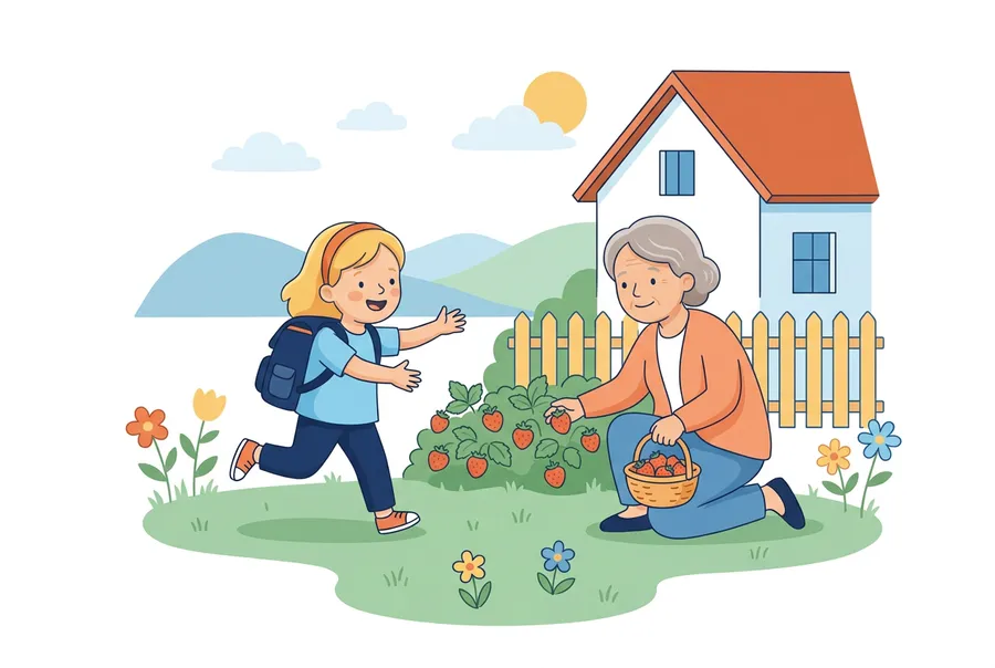 Ein Mädchen mit Schulthek rennt durch einen Garten zu seiner Grossmutter, die bei den Erdbeeren kniet.