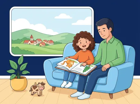 Lesen lernen: Ein Mädchen in der 1. Klasse sitzt mit seinem Vater auf dem Sofa und liest ihm aus einem Bilderbuch vor.