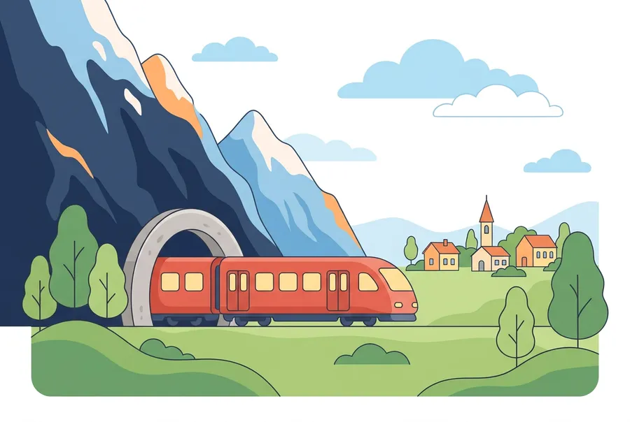 Ein roter Zug fährt am Fuss hoher Berge aus einem Tunnel, dahinter liegt ein kleines Dorf mit Kirche.