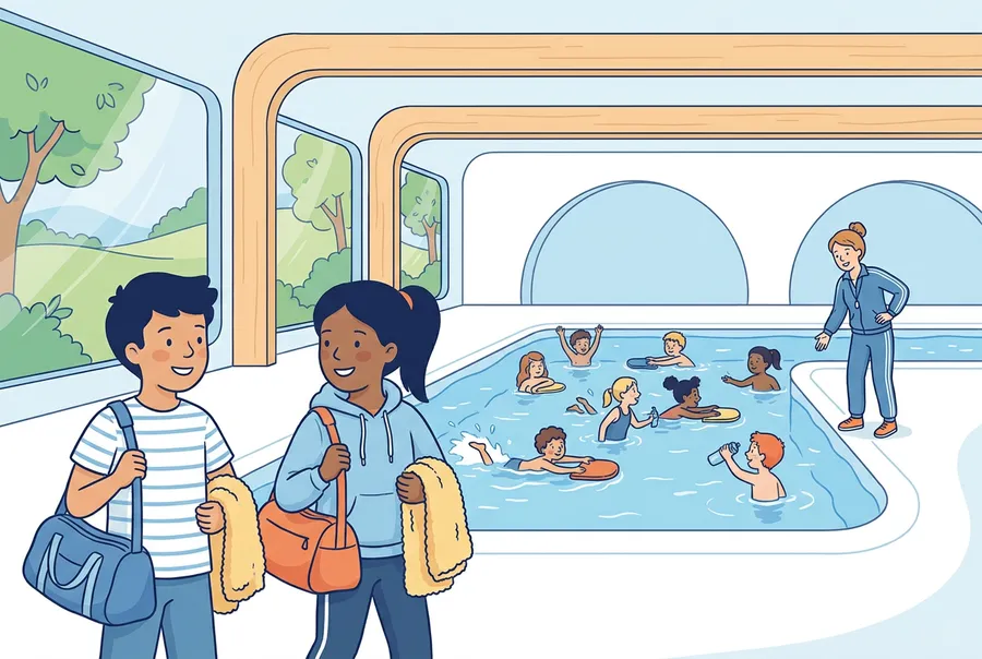 Zwei Kinder mit Badetaschen stehen am Rand eines Hallenbads, im grossen Becken hat eine Schulklasse Schwimmunterricht.