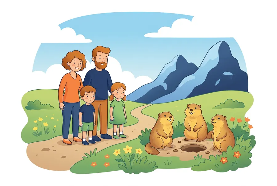Eine Familie wandert auf einem Bergweg und beobachtet Murmeltiere, die vor ihrem Bau auf einer Alpwiese sitzen.