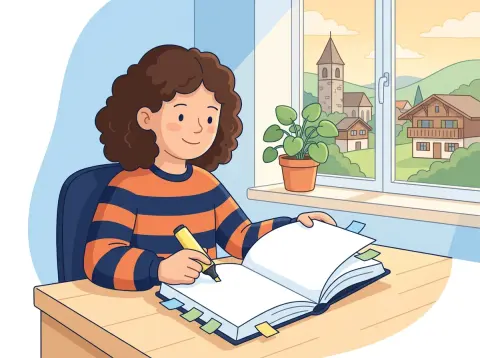 Lesestrategien: Ein Mädchen sitzt an einem Schreibtisch, liest in einem Buch und hält einen gelben Leuchtstift in der Hand.