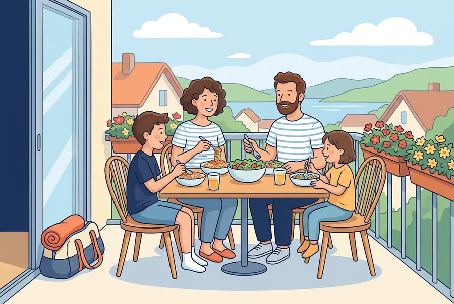 Eine Familie isst auf dem Balkon zusammen Zmittag, neben der Tür steht schon eine Sporttasche mit einem Badetuch bereit.