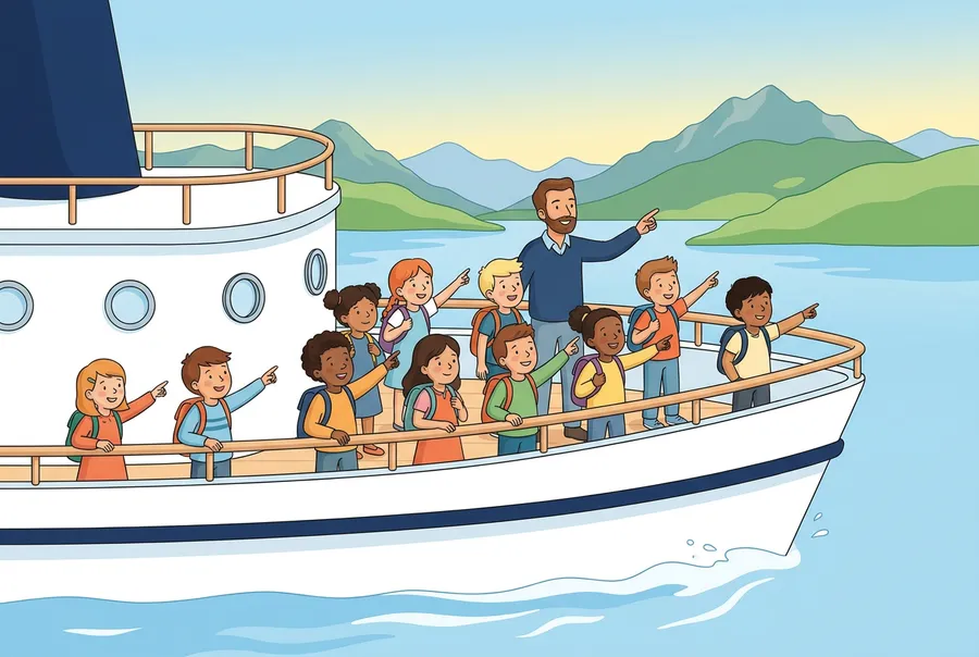 Eine Schulklasse mit Rucksäcken steht mit ihrem Lehrer auf dem Deck eines Schiffs auf dem Vierwaldstättersee, im Hintergrund Berge.