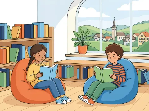 Leseverständnis: Texte verstehen: Ein Mädchen und ein Knabe sitzen in einer hellen Schulbibliothek auf Sitzsäcken und lesen je ein Buch.