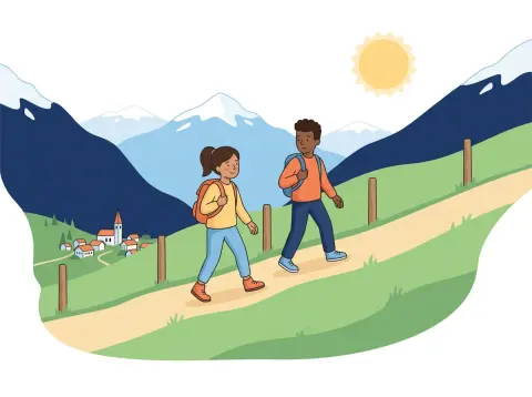 Lineare Funktionen und Steigung: Zwei Jugendliche wandern auf einem gleichmässig ansteigenden Bergweg über einer Wiese in den Schweizer Alpen.