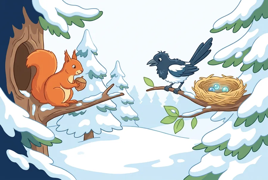 Ein Eichhörnchen sitzt im verschneiten Wald mit einer Haselnuss auf einem Ast, daneben schaut eine zerzauste Elster hungrig zu ihm hinüber.