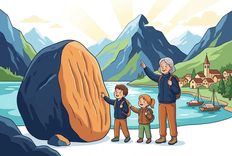 Zwei Kinder stehen an einem Bergsee neben einem grossen Felsblock mit tiefen Rillen und berühren ihn, die Grossmutter zeigt zum Berggipfel hinauf.