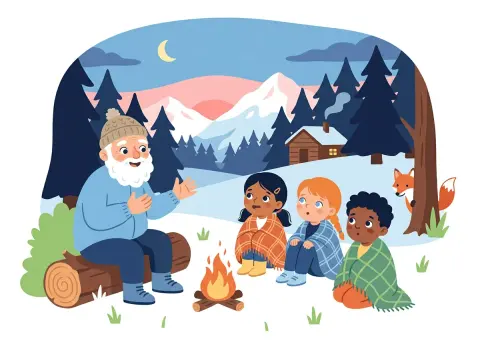 Märchen, Fabeln und Sagen: Ein Grossvater erzählt am Abend auf einer verschneiten Alp am Feuer eine Geschichte, drei Kinder in Decken hören gebannt zu, am Waldrand schaut ein Fuchs.