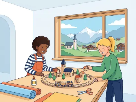 Vergrössern, Verkleinern und Massstab: Zwei Kinder bauen im Schulzimmer ein kleines Modell ihres Dorfes mit Häusern und einer Spielzeugbahn.