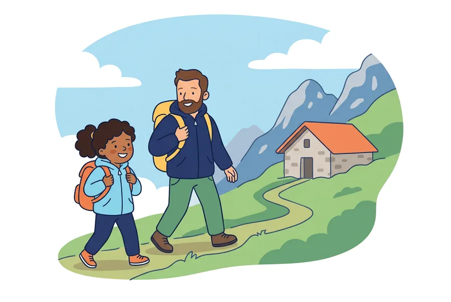 Ein Mädchen und sein Vater wandern mit Rucksäcken auf einem Bergweg zu einer kleinen Berghütte.