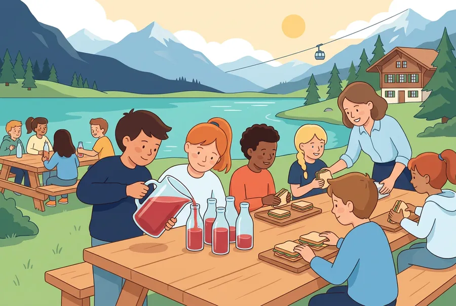 Kinder füllen an einem Picknicktisch am Bergsee roten Sirup aus einem grossen Krug in kleine Flaschen.