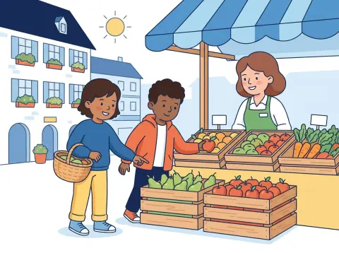 Mit Dezimalzahlen rechnen: Zwei Kinder wählen an einem Marktstand in einer Schweizer Altstadt Äpfel und Birnen aus Holzkisten aus.