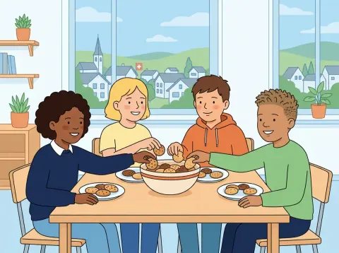 Mittelwert, Minimum und Maximum: Vier Kinder legen am Schultisch ihre Kekse in eine Schale, um sie gerecht zu teilen.