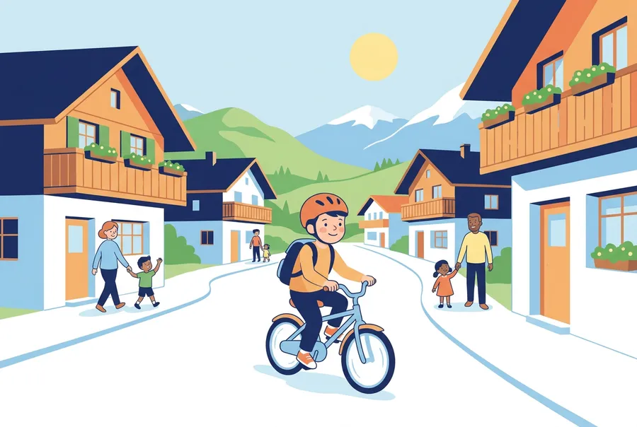 Ein Junge mit Velohelm und Schulrucksack fährt am Morgen mit dem Velo durch ein Bergdorf.