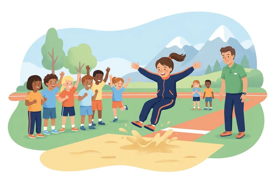 Ein Mädchen landet beim Weitsprung im Sand, Kinder feuern es an einem Sporttag an.