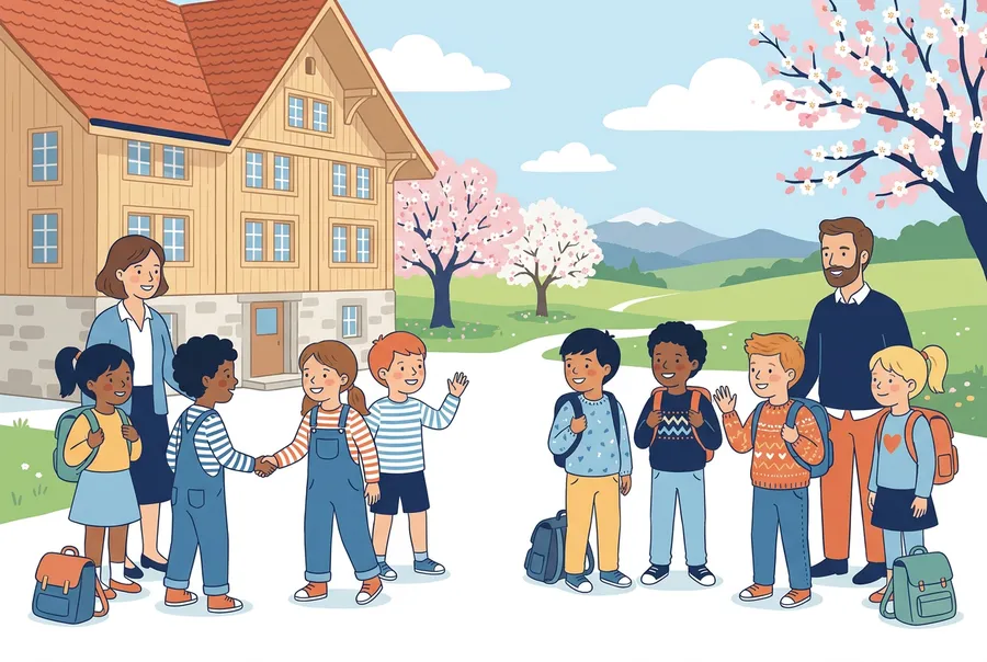 Zwei Schulklassen begrüssen sich im Frühling vor einem Schulhaus, rundherum blühen Kirschbäume.
