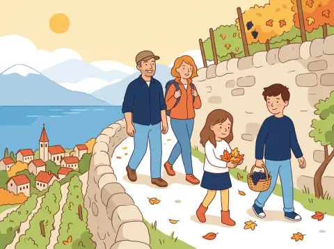 Monate, Jahreszeiten und Datum: Eine Familie mit zwei Kindern spaziert an einem goldenen Herbsttag durch die Weinberge über dem Genfersee.