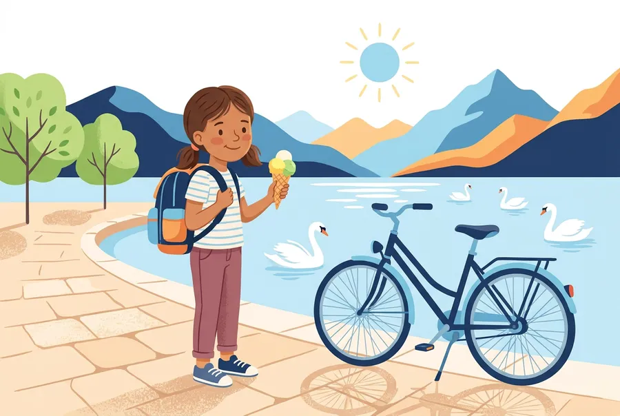 Ein Mädchen mit Schulrucksack isst neben seinem Velo eine Glace am Seeufer.