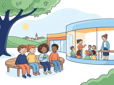 Mundart und Standardsprache: Kinder plaudern in der Pause auf dem Pausenplatz, durch ein Fenster des Schulhauses sieht man ein Mädchen, das vor der Klasse einen Vortrag hält.