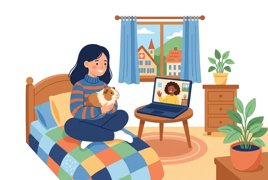 Ein Mädchen sitzt zu Hause mit einem Meerschweinchen auf dem Schoss vor dem Laptop und spricht per Videoanruf mit einer Freundin.