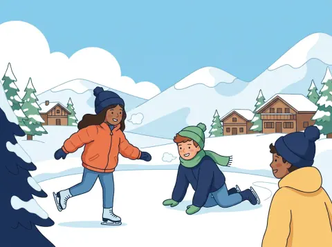 Negative Zahlen: Kinder spielen an einem sonnigen, eiskalten Wintermorgen auf einem zugefrorenen Bergsee, im Hintergrund ein verschneites Dorf.
