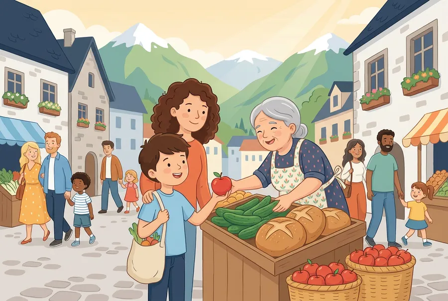 Ein Junge mit einer Einkaufstasche steht mit seiner Mutter an einem Marktstand mit Gurken, Broten und Äpfeln, dahinter Berge.