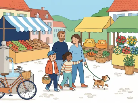 Nomen und Artikel: Eine Familie auf einem Wochenmarkt in einer Schweizer Altstadt: Stände mit Äpfeln, Brot und Blumen, ein Hund, ein Velo und ein Brunnen.
