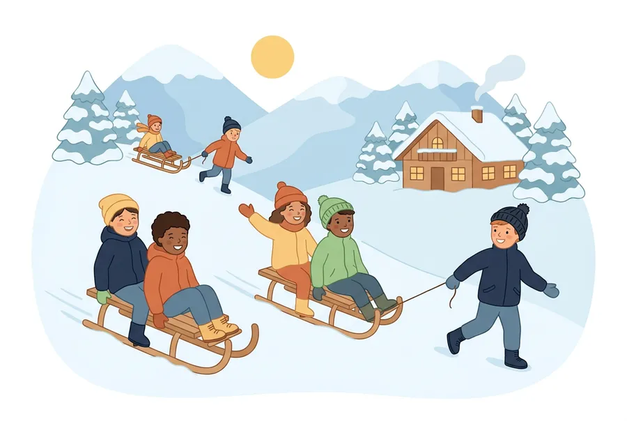 Kinder fahren mit Holzschlitten einen verschneiten Hang hinunter. Im Hintergrund stehen ein Holzhaus und Tannen vor Bergen.