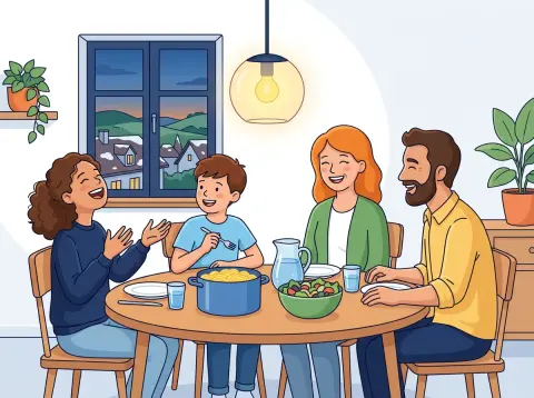 Nominalisierung (beim Essen, alles Gute): Eine Familie sitzt beim Abendessen am Küchentisch. Ein Mädchen erzählt lachend etwas, der Bruder und die Eltern hören zu.