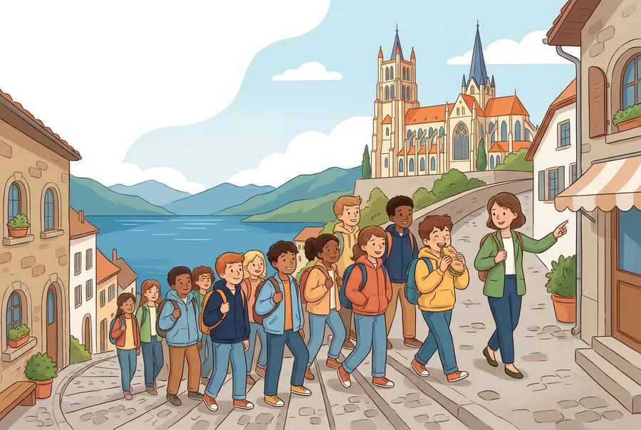 Eine Schulklasse geht mit Rucksäcken eine steile Altstadtgasse in Lausanne hinauf zur gotischen Kathedrale, unten liegt der Genfersee.