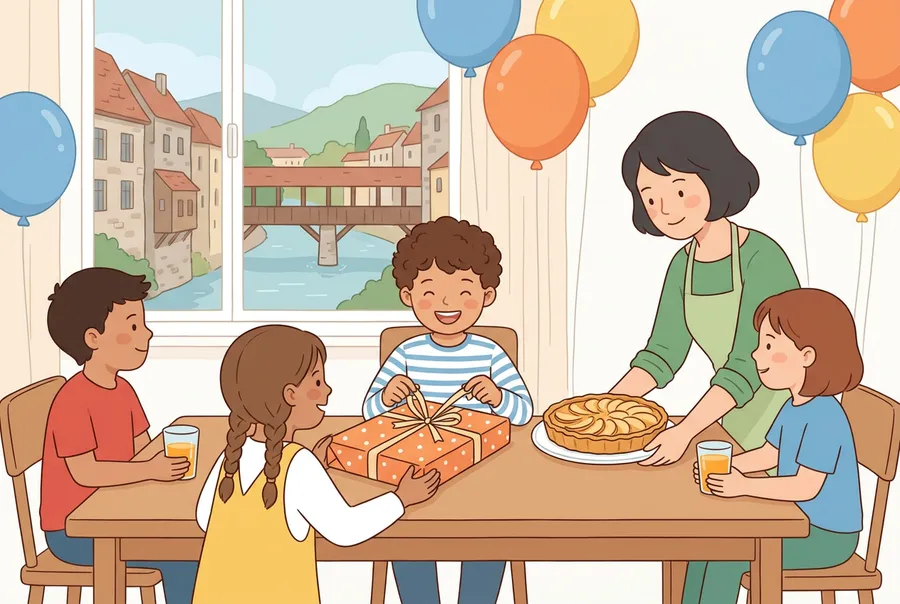 Eine Familie feiert in einer Altstadtwohnung Geburtstag: Ein Knabe packt ein Geschenk aus, die Mutter bringt einen Apfelkuchen, Freunde sitzen am Tisch.