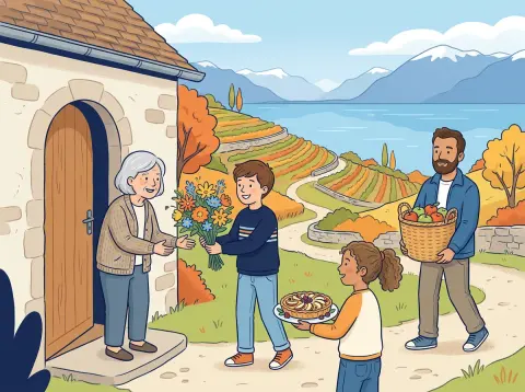 Objektpronomen le, la, lui, leur: Ein Knabe überreicht seiner Grossmutter an der Haustür einen Blumenstrauss, seine Schwester hält einen Kuchen, im Hintergrund Reben und der Genfersee.