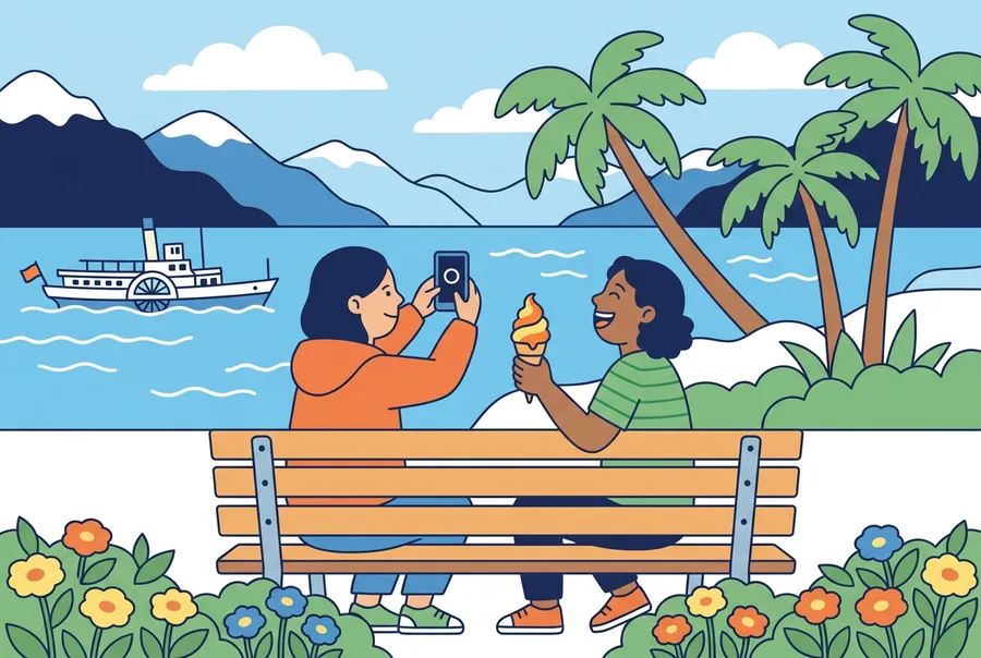 Zwei Mädchen sitzen auf einer Bank an der Seepromenade von Montreux, eine fotografiert den See, die andere isst eine Glace.